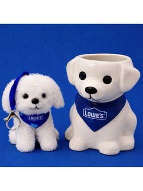 Lowe's Mini White Dog Ceramic Succulent Holder & Plush Keychain Set LIMITED ED🐾